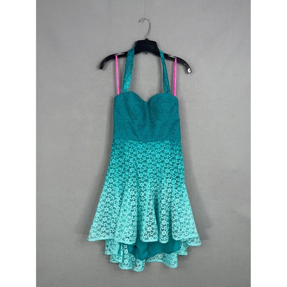Betsey Johnson Dresses & Skirts - Betsey Johnson Halter Dress Womens 4 Teal Floral Lace Ombre High Low Party Prom